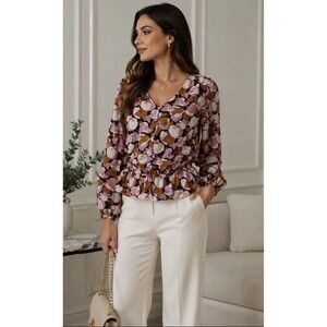 Nine West Size M Long Sleeve Boho Peplum Secretary Floral Blouse V-Neck Top